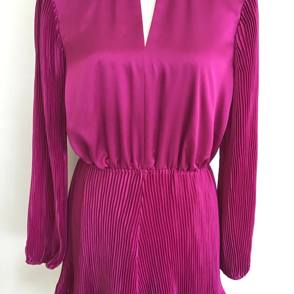 Milly Women Elegant Chic Fuchsia Pleated Long Sleeve Mini Dress Size 10 - Picture 7 of 15